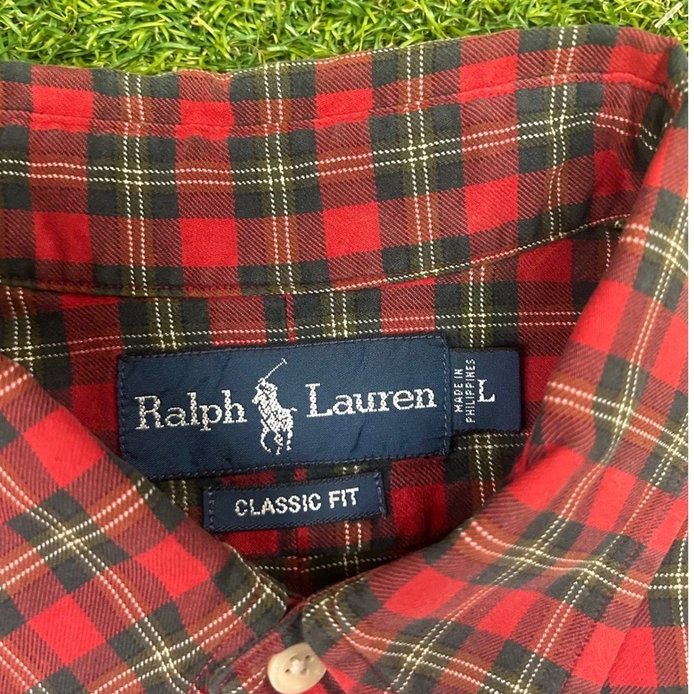 Ralph Lauren Men Large Red Black Plaid Classic Fit Button Down Shirt Long Sleeve